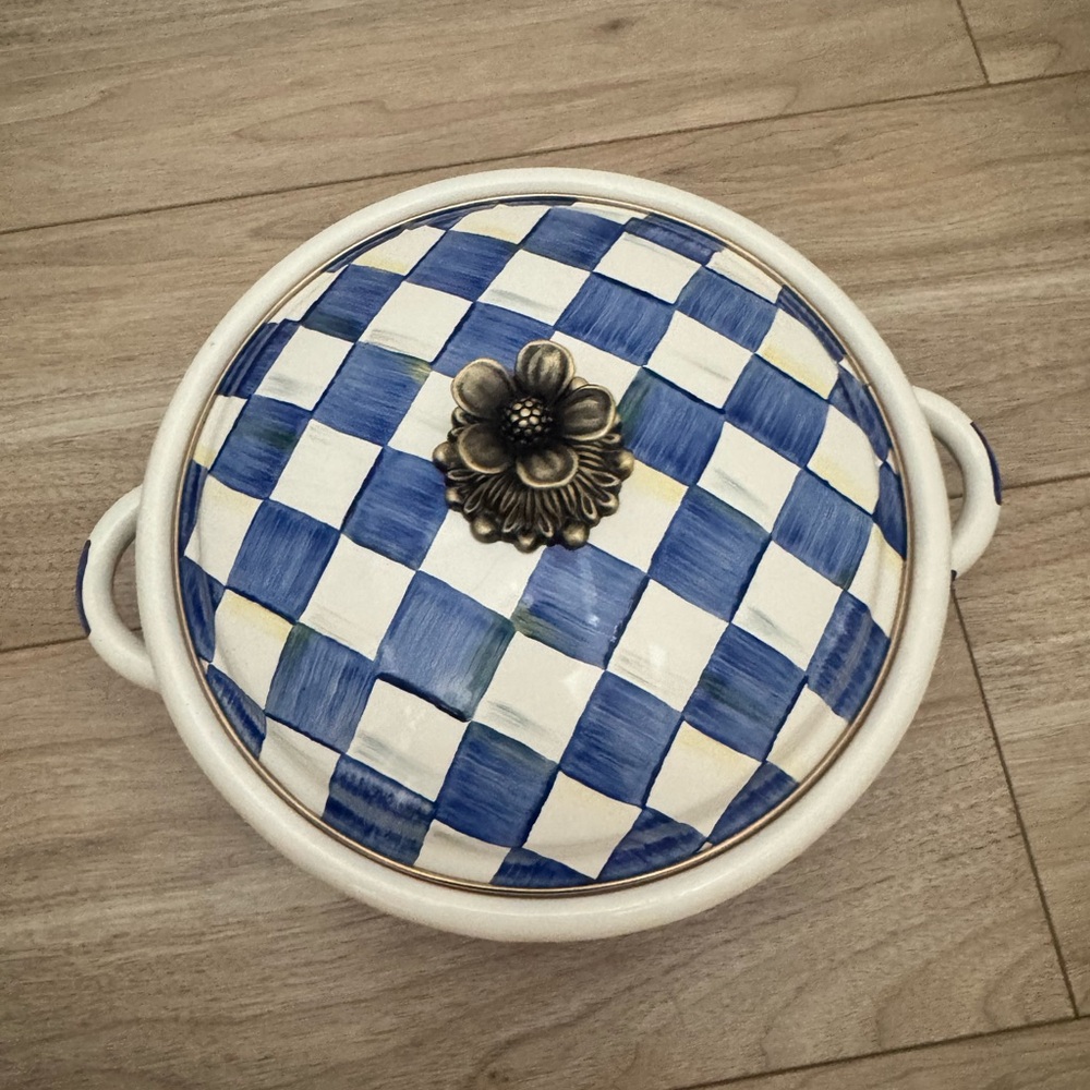 Mackenzie Childs blue and white Checkered casserole dish with Floral Knob